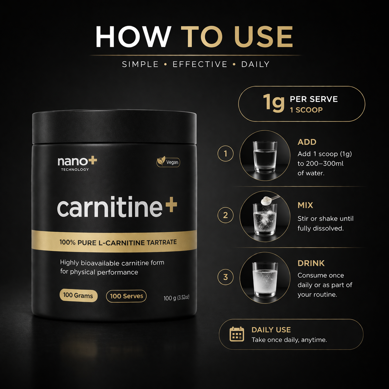 Nano+ L-Carnitine Tartrate Powder 100g | 100 Serves Pharma Grade
