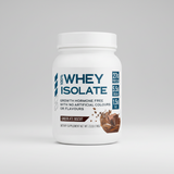 Whey isolate protein powder container with chocolate biscuit flavor on a white background