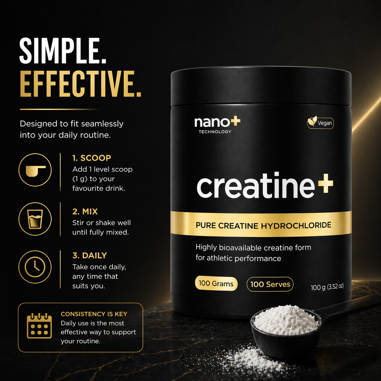 Nano+ Creatine HCL Powder 100g | 100 Serves High Absorption