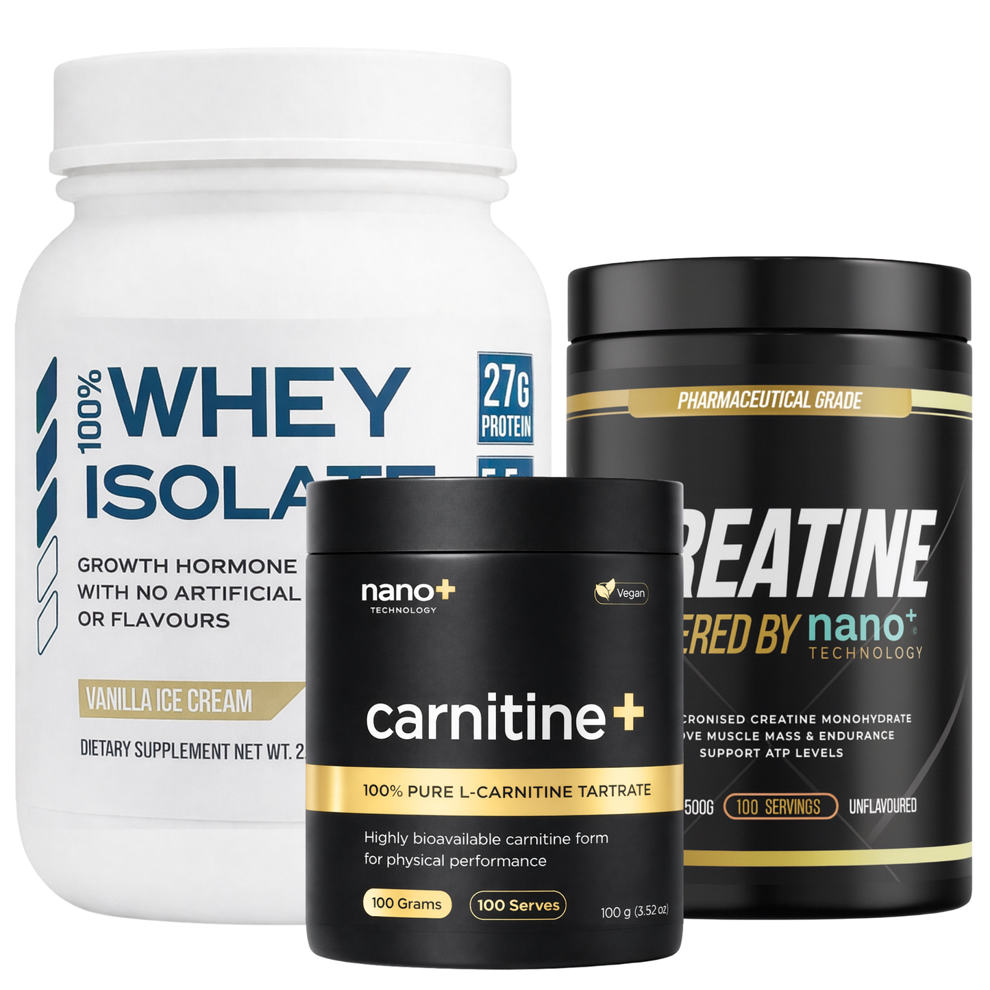 Nano+ Ultimate Performance Stack | Whey, Creatine Mono & Carnitine