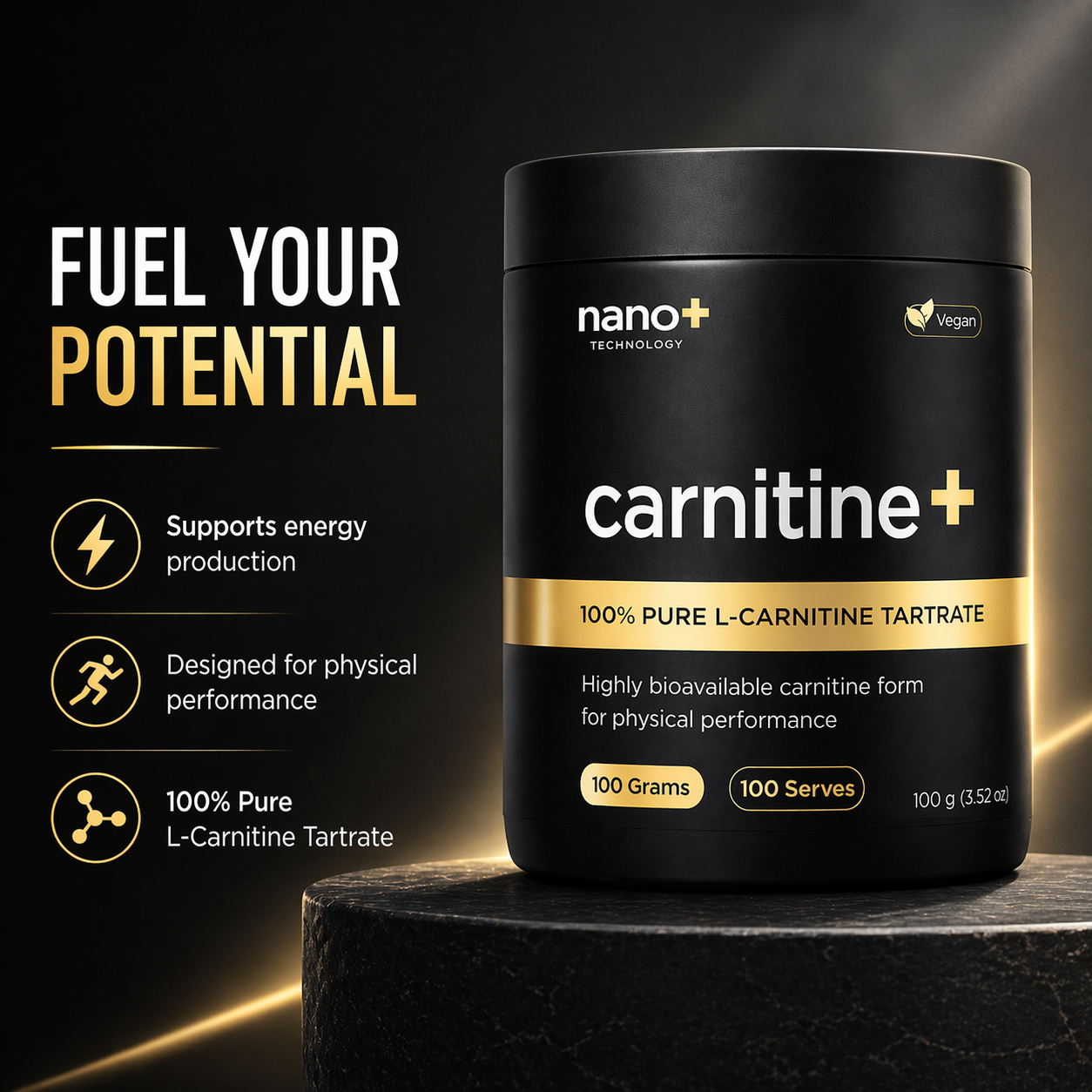 Nano+ L-Carnitine Tartrate Powder 100g | 100 Serves Pharma Grade