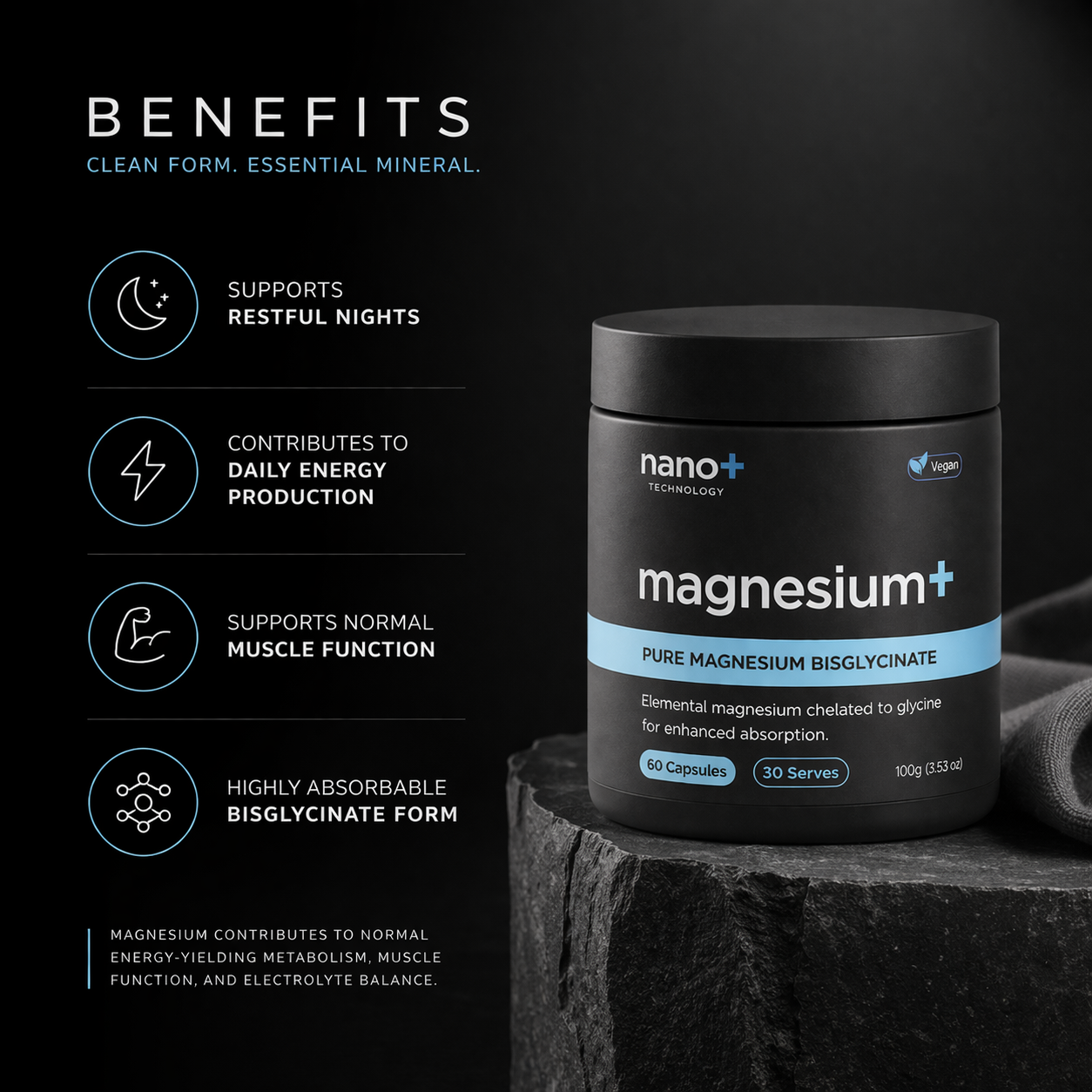 Nano+ Magnesium Glycinate Capsules 1000mg Per Serve | 30 Serves